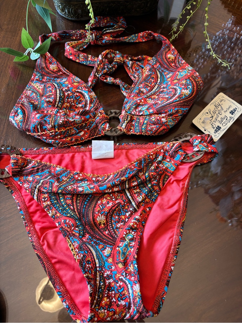 Lucky Brand Red Paisley Halter Bikini Size M NWT